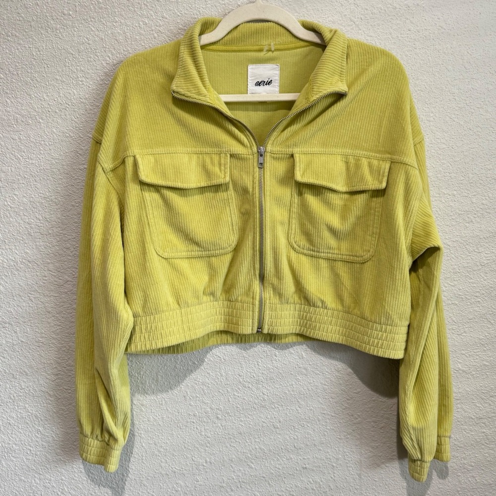 Aerie Corduroy Zip Up Jacket Lime Green Cropped Utility Pockets Women's L boho